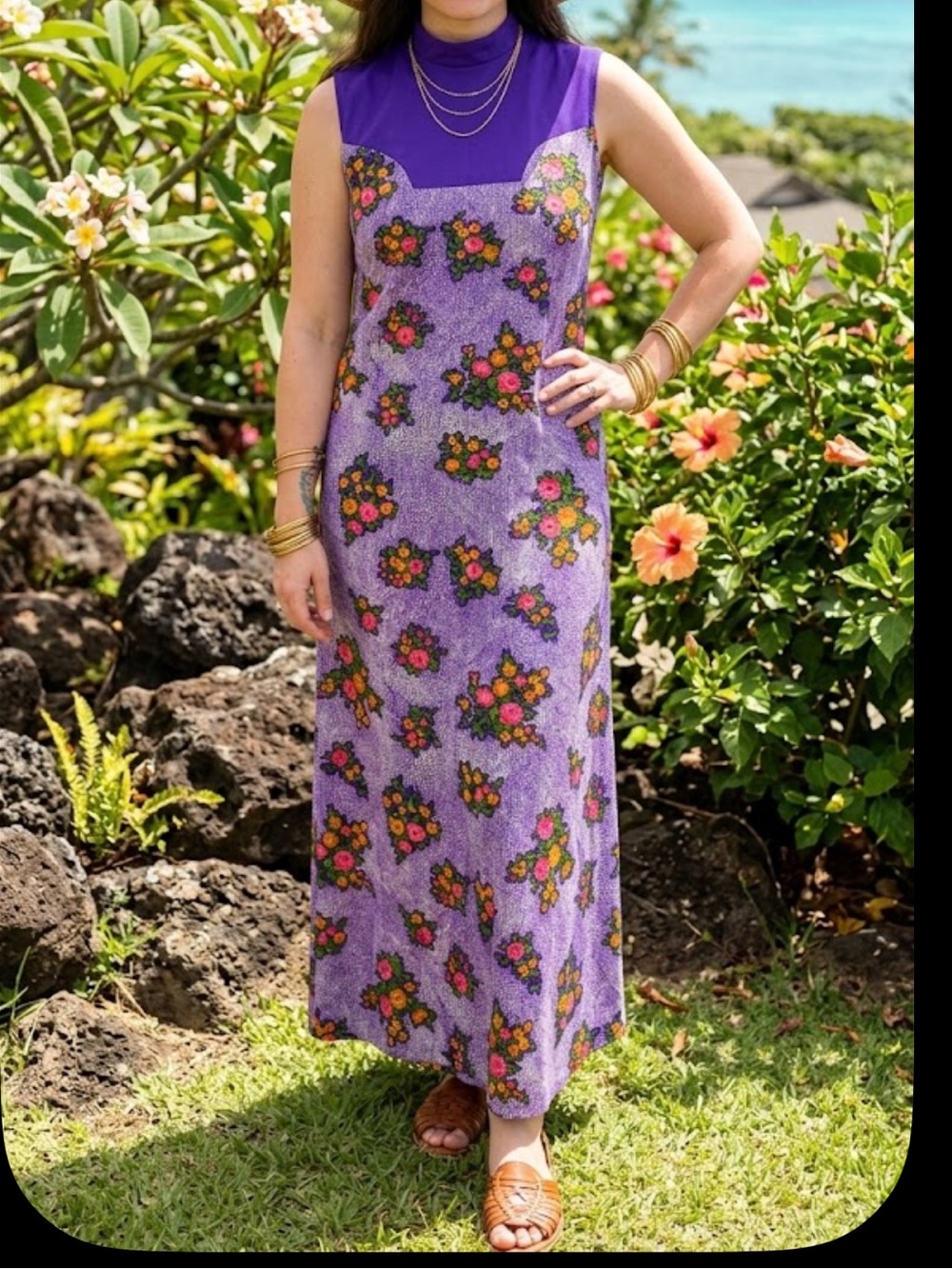 Vintage 60s 70s Penneys Hawaii Flower Power Maxi Dress